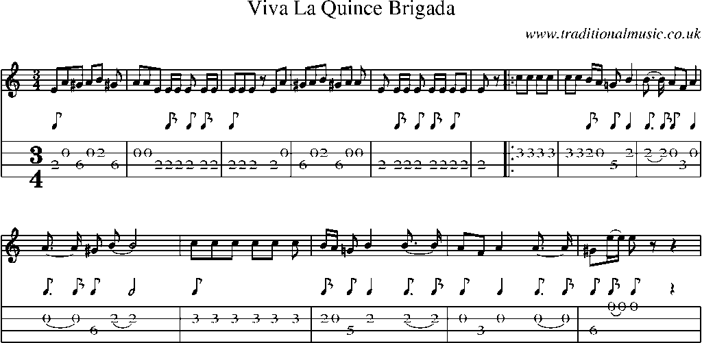 Mandolin Tab and Sheet Music for Viva La Quince Brigada