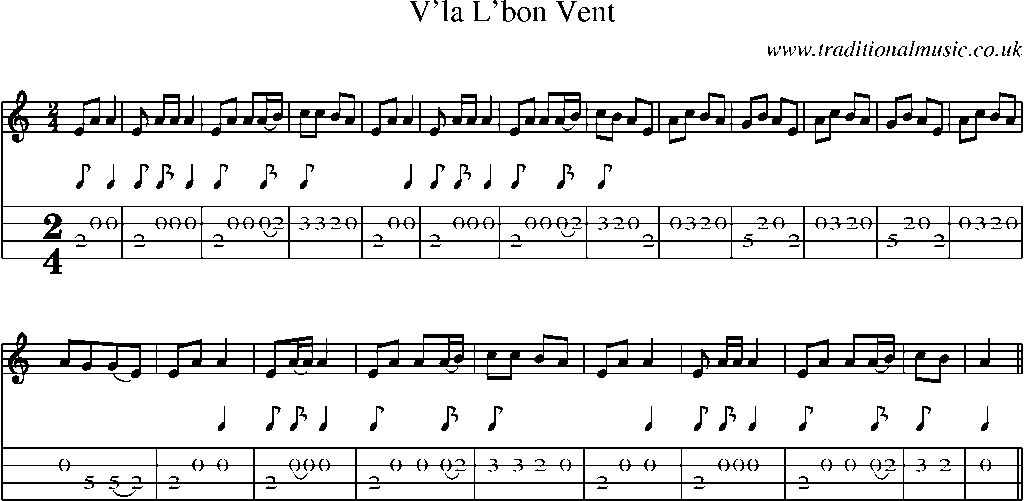 Mandolin Tab and Sheet Music for V'la L'bon Vent