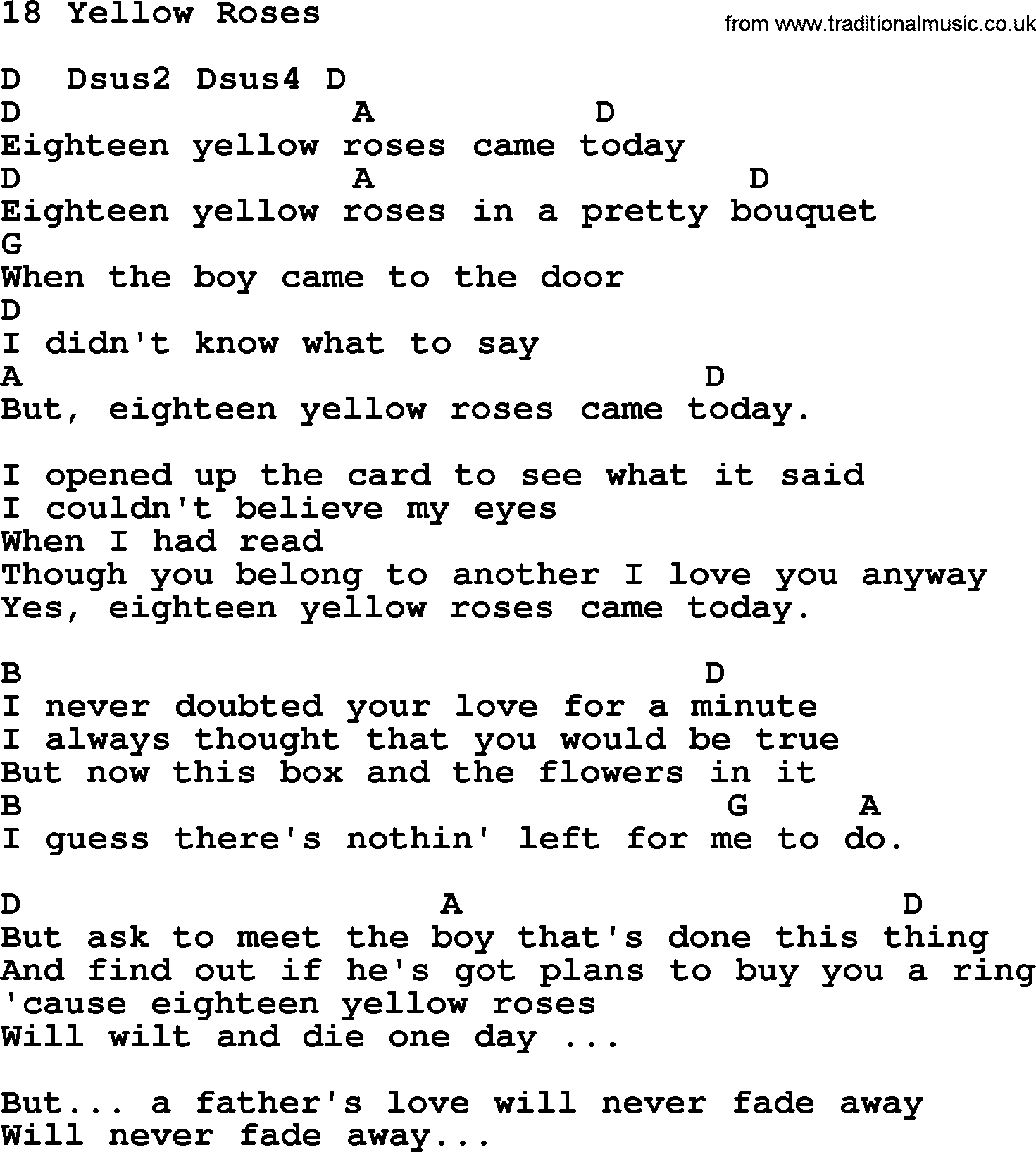 Marty Robbins song: 18 Yellow Roses, lyrics and chords