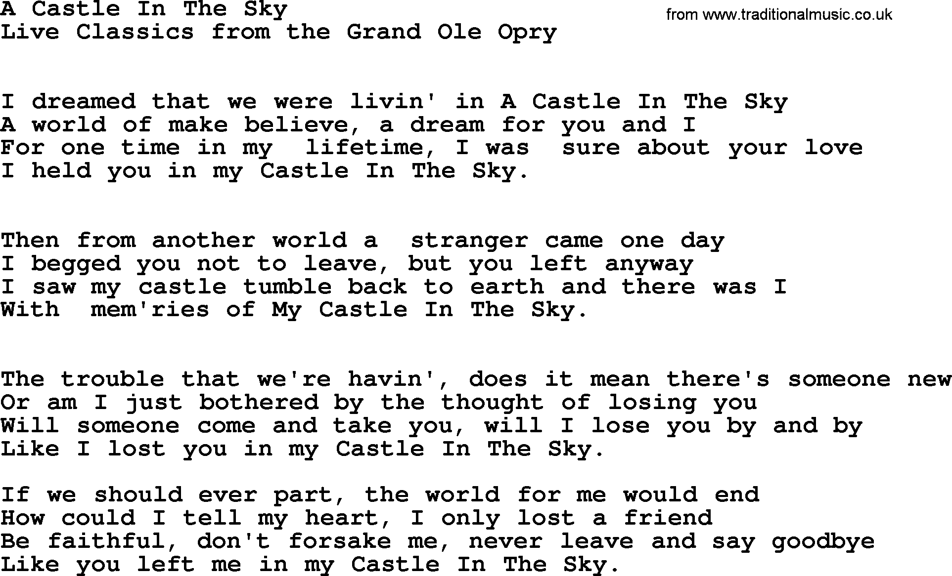 Marty Robbins song: A Castle In The Sky, lyrics