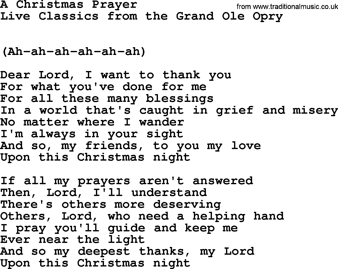 Marty Robbins song: A Christmas Prayer, lyrics