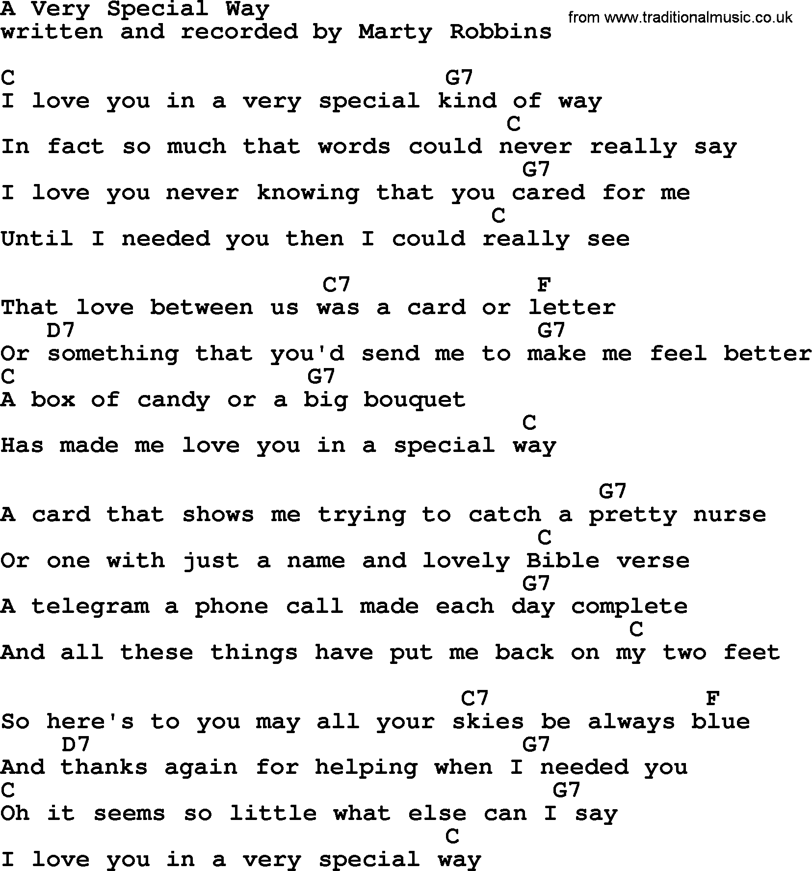 Marty Robbins song: A Very Special Way, lyrics and chords