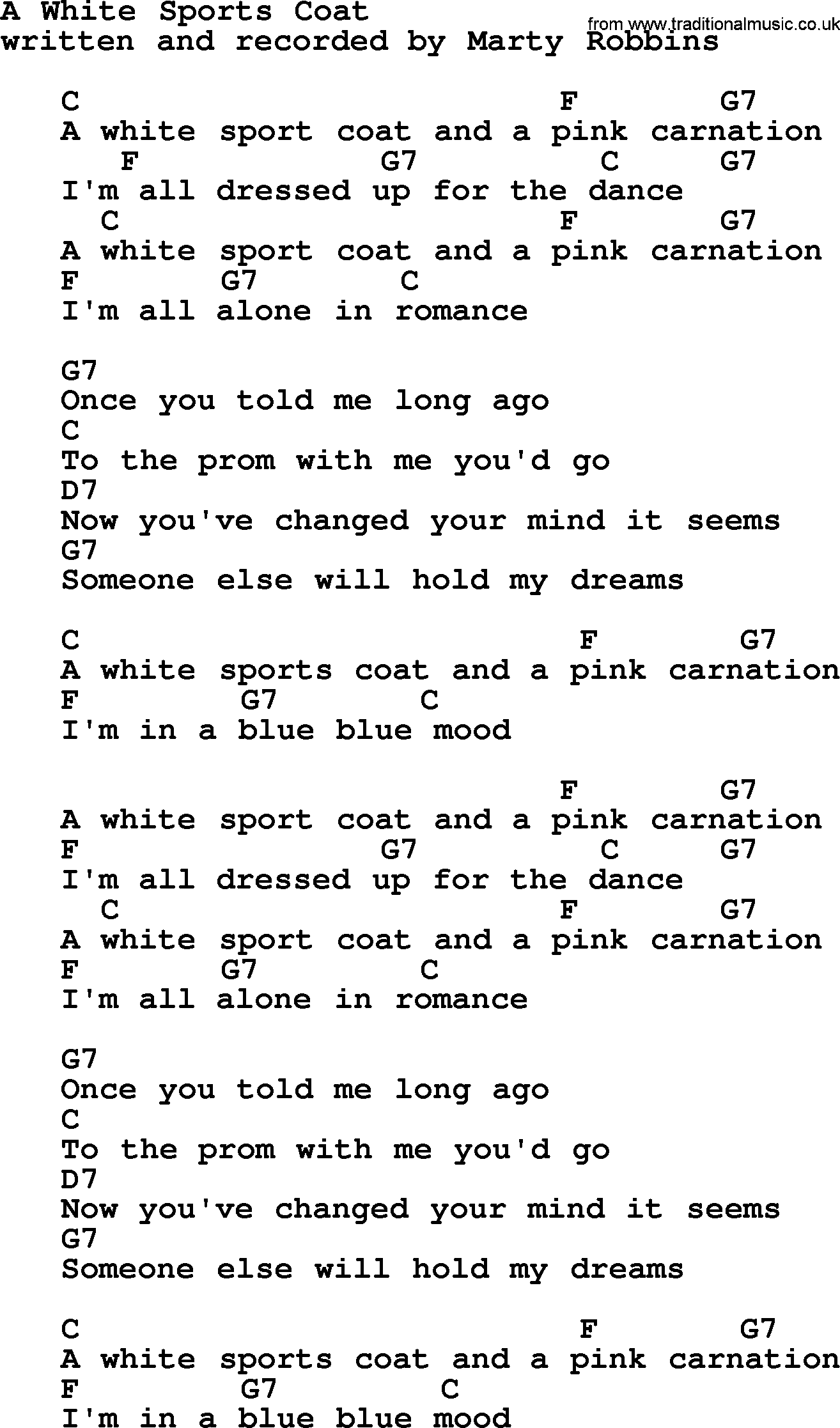 Marty Robbins song: A White Sports Coat, lyrics and chords