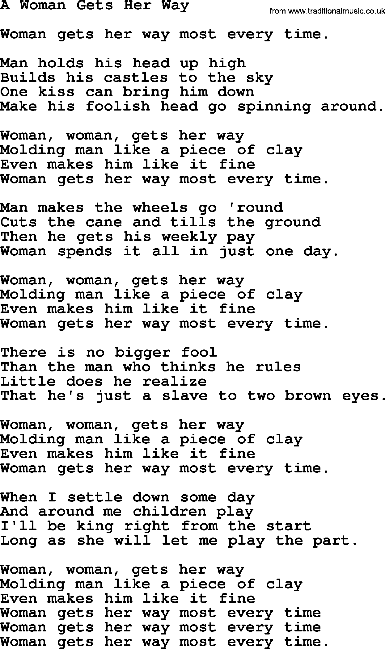 Marty Robbins song: A Woman Gets Her Way, lyrics