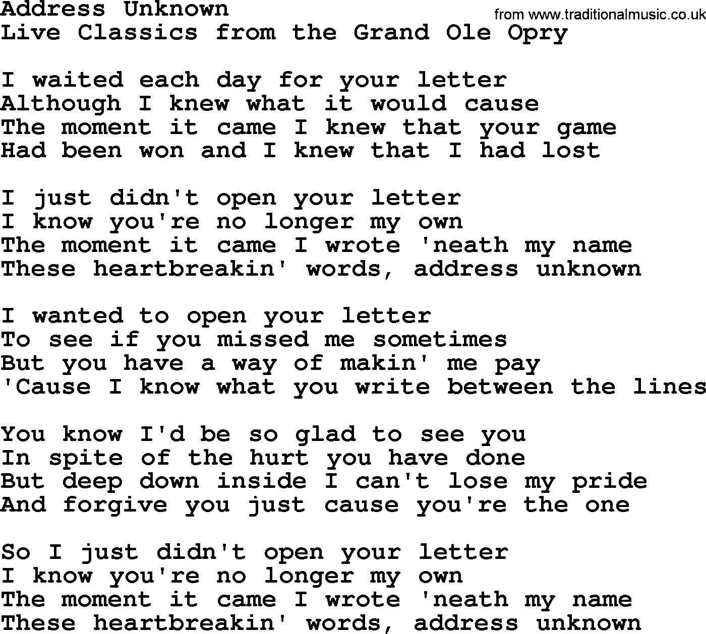 Marty Robbins song: Address Unknown, lyrics