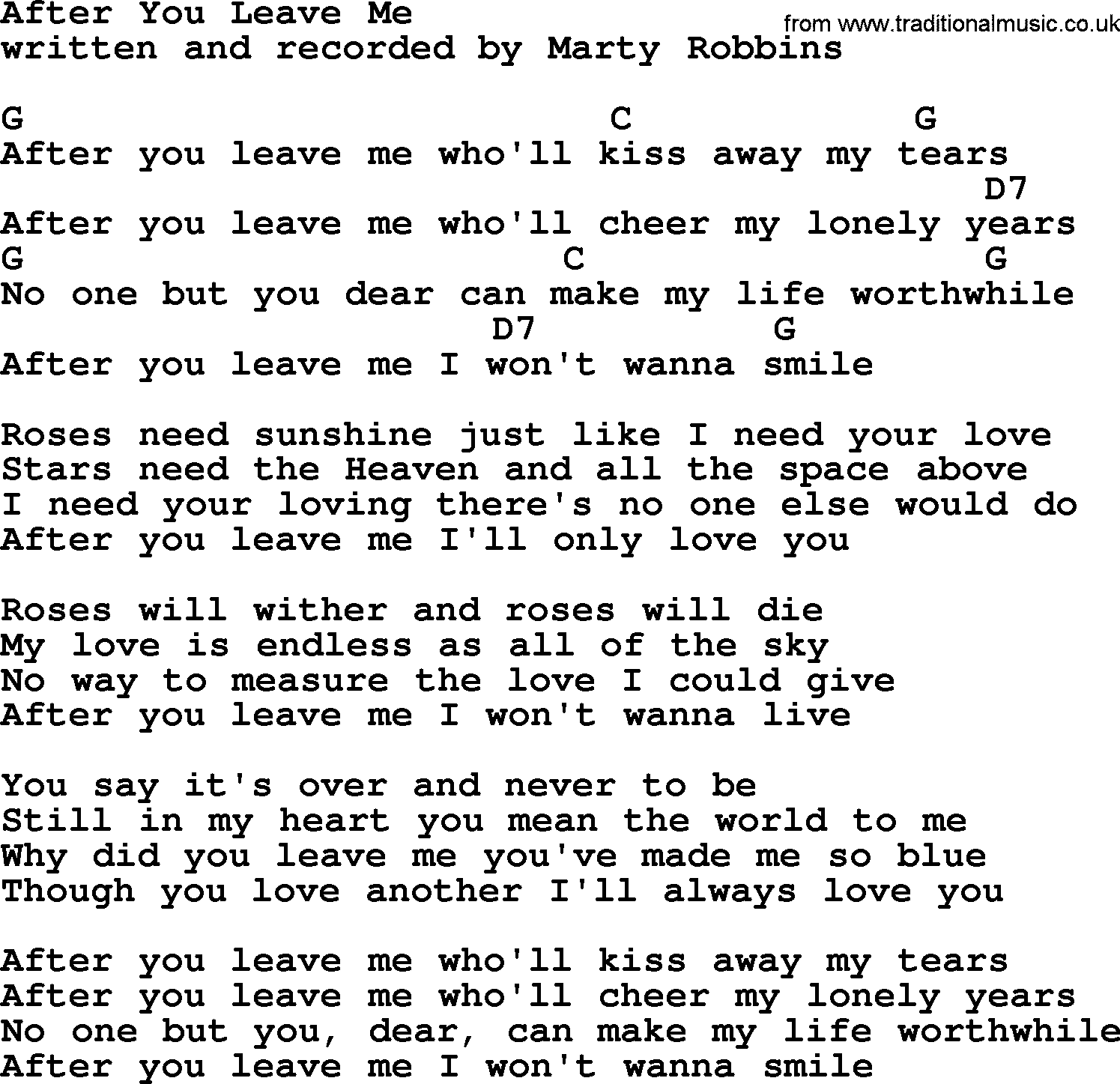 Marty Robbins song: After You Leave Me, lyrics and chords