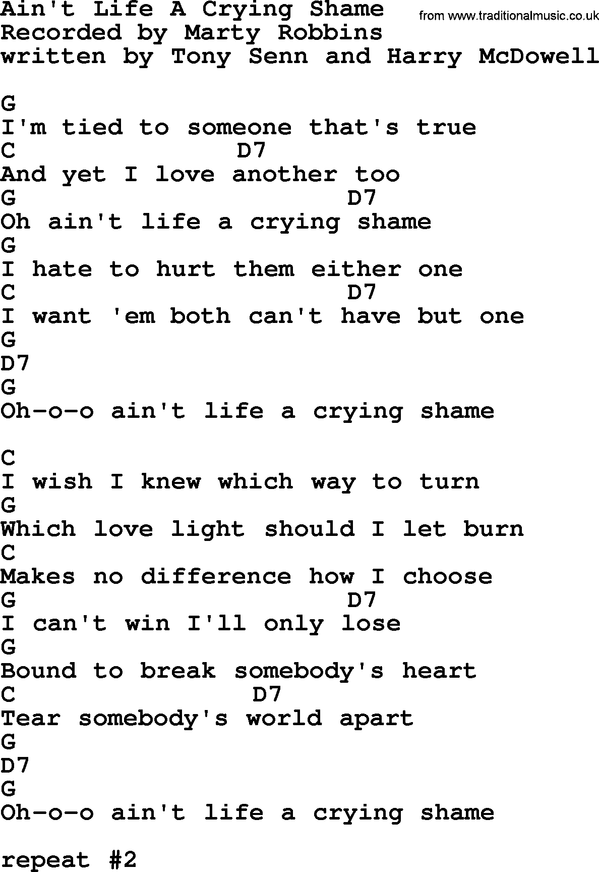 Marty Robbins song: Ain't Life A Crying Shame, lyrics and chords