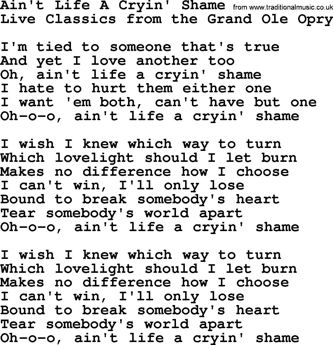 Marty Robbins song: Aint Life A Cryin Shame, lyrics