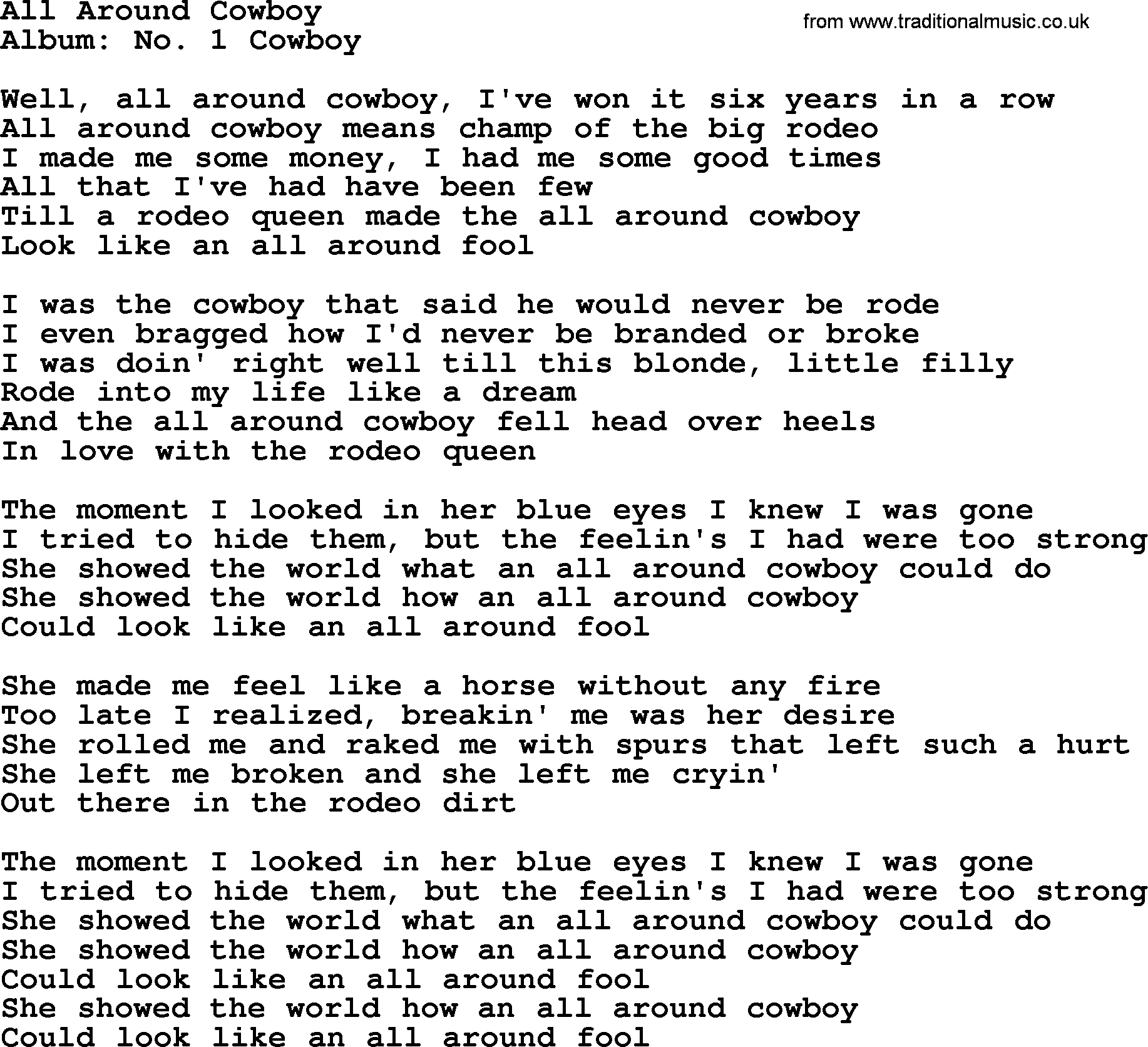 Marty Robbins song: All Around Cowboy, lyrics