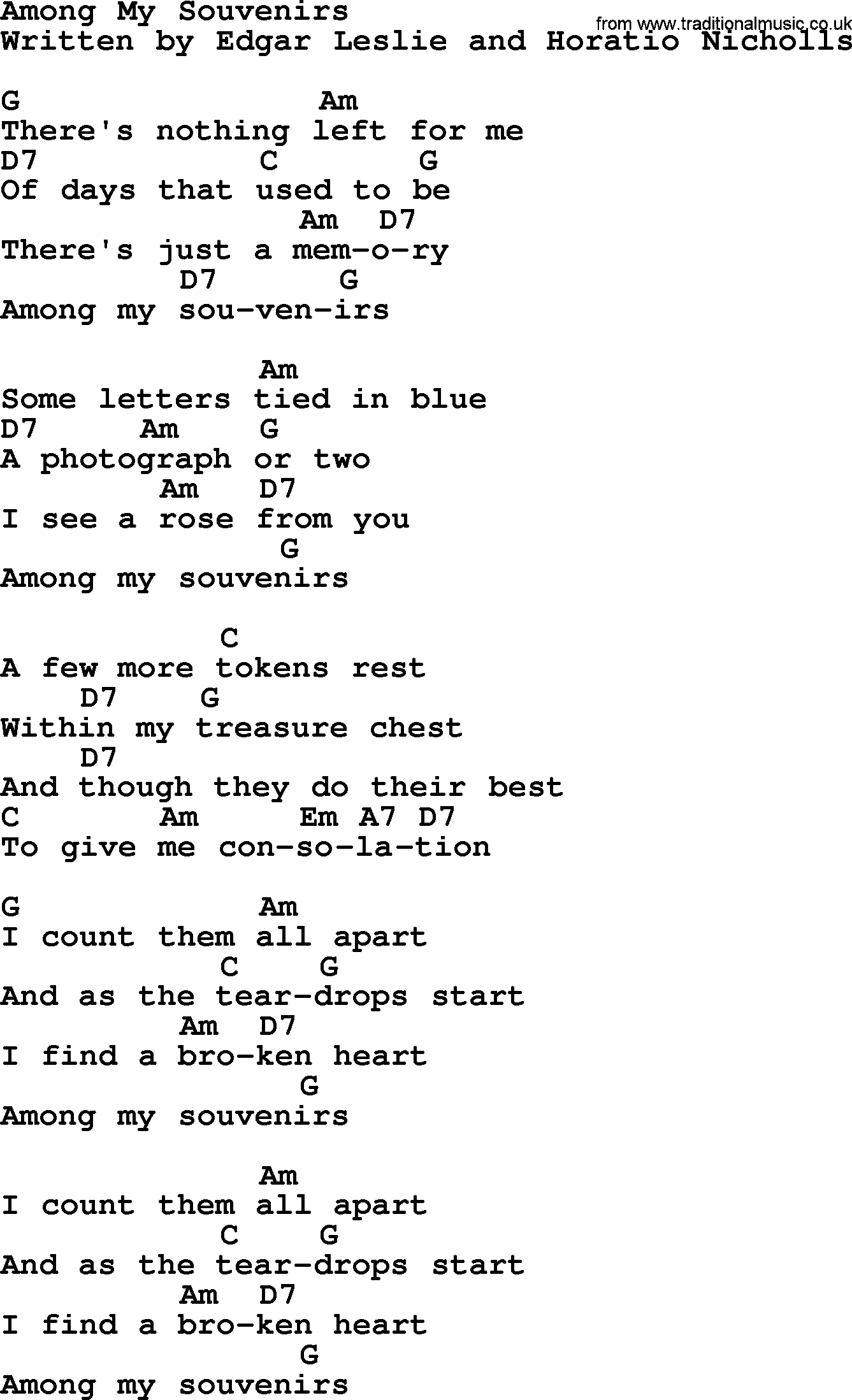 Marty Robbins song: Among My Souvenirs, lyrics and chords