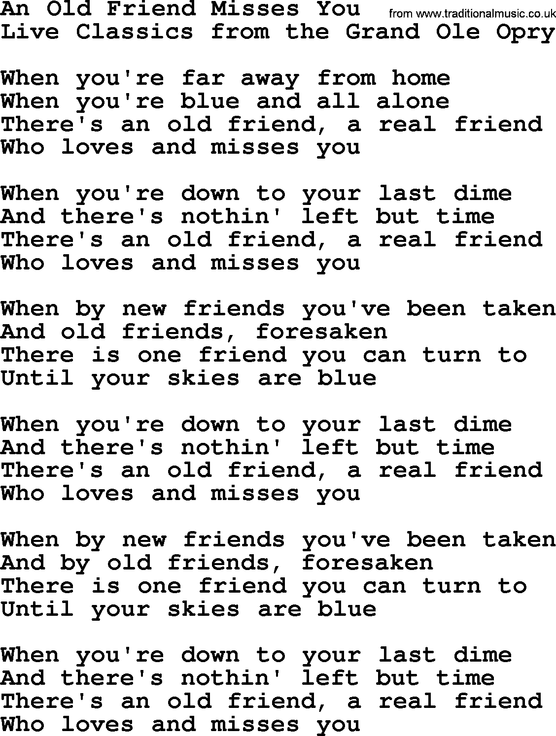 Marty Robbins song: An Old Friend Misses You, lyrics