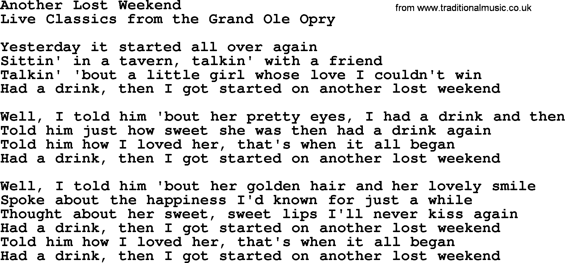 Marty Robbins song: Another Lost Weekend, lyrics