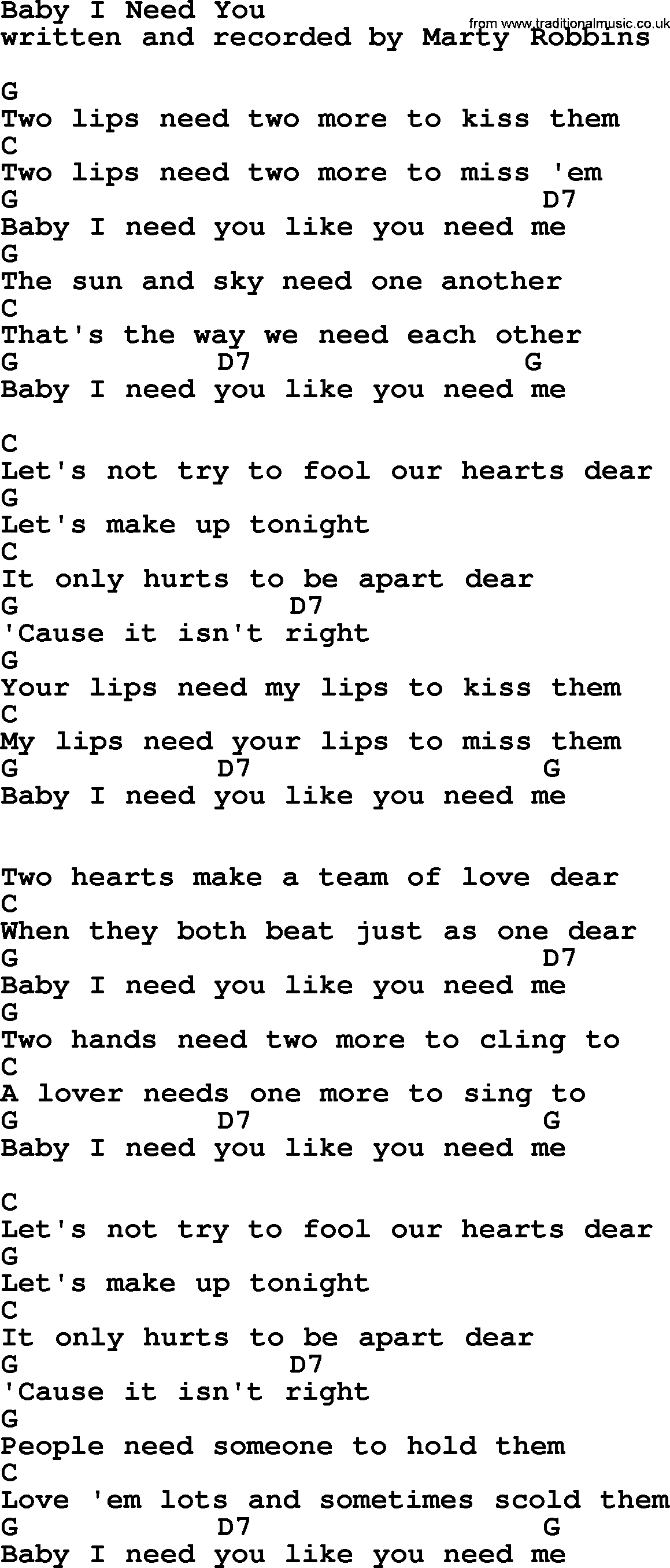 Marty Robbins song: Baby I Need You, lyrics and chords