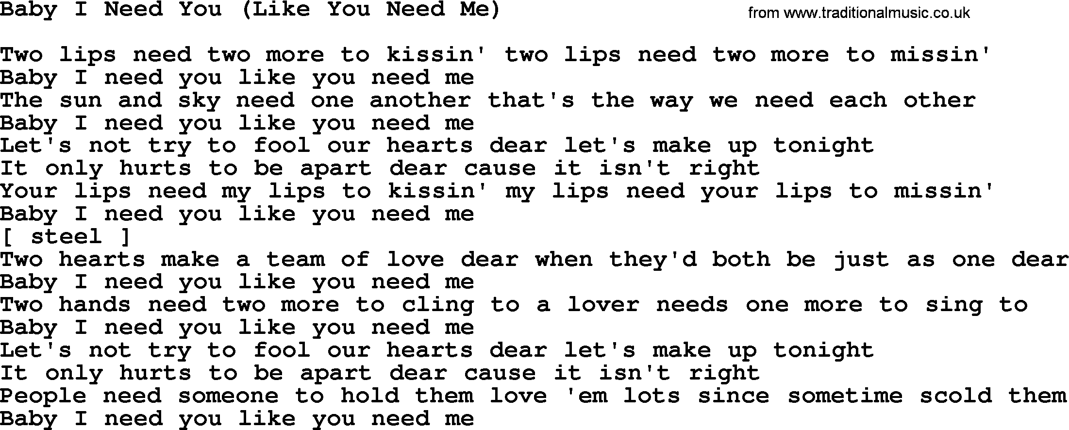 Marty Robbins song: Baby I Need You Like You Need Me, lyrics