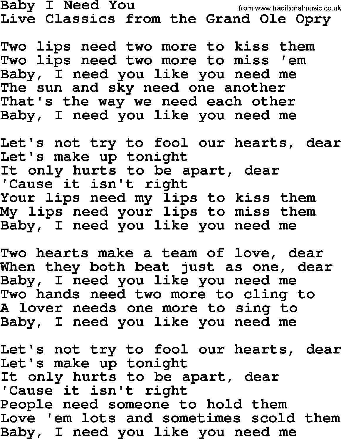 Marty Robbins song: Baby I Need You, lyrics