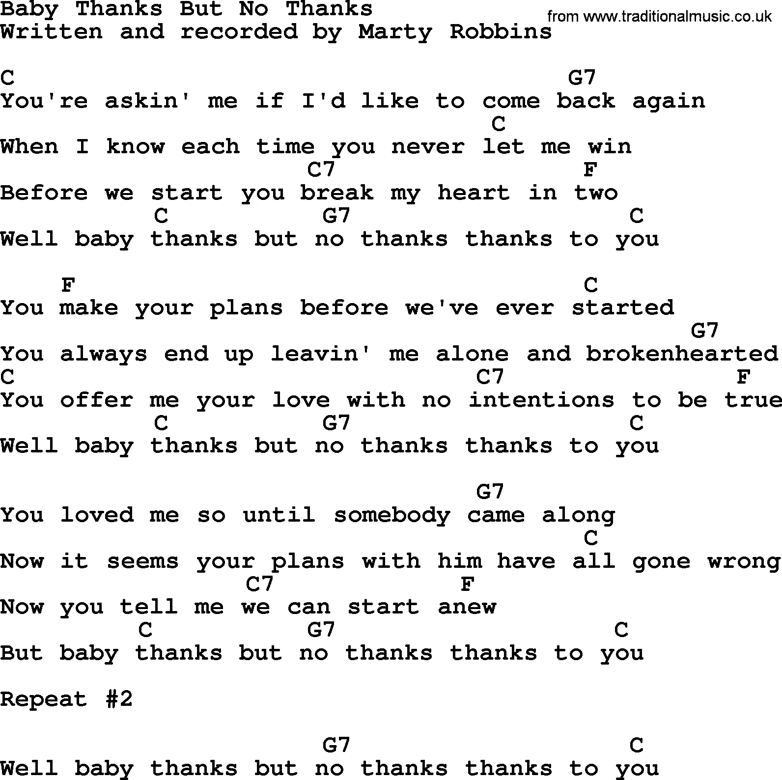 Marty Robbins song: Baby Thanks But No Thanks, lyrics and chords