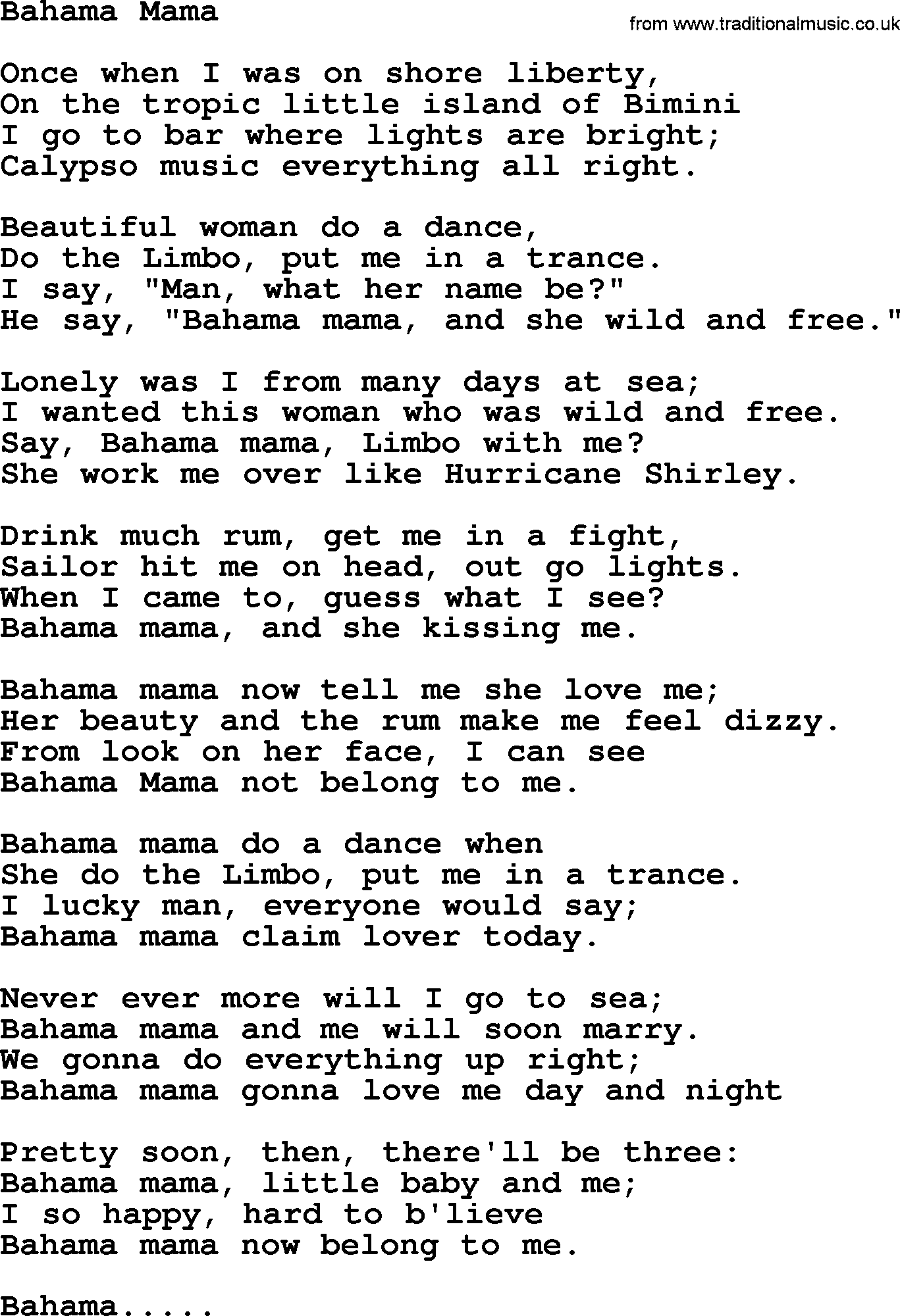 Marty Robbins song: Bahama Mama-, lyrics