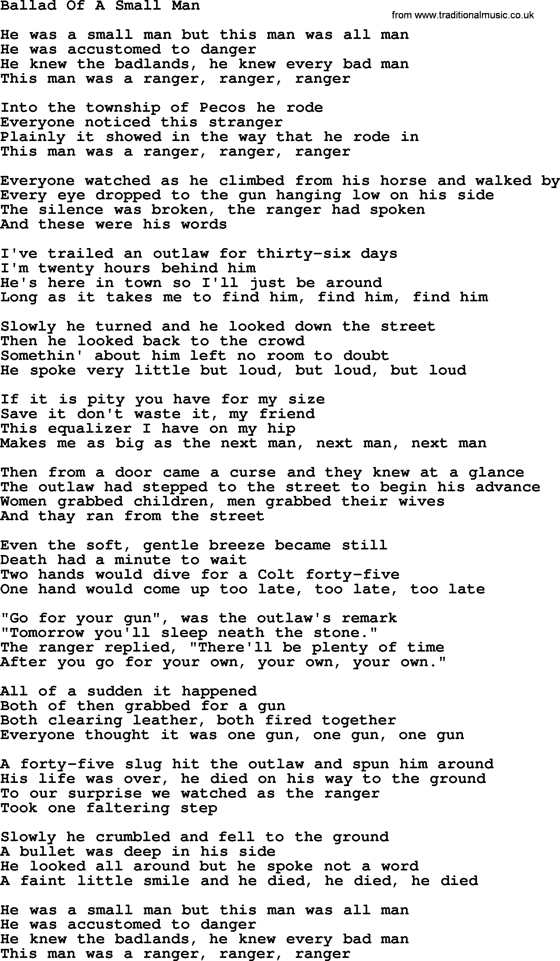 Marty Robbins song: Ballad Of A Small Man, lyrics