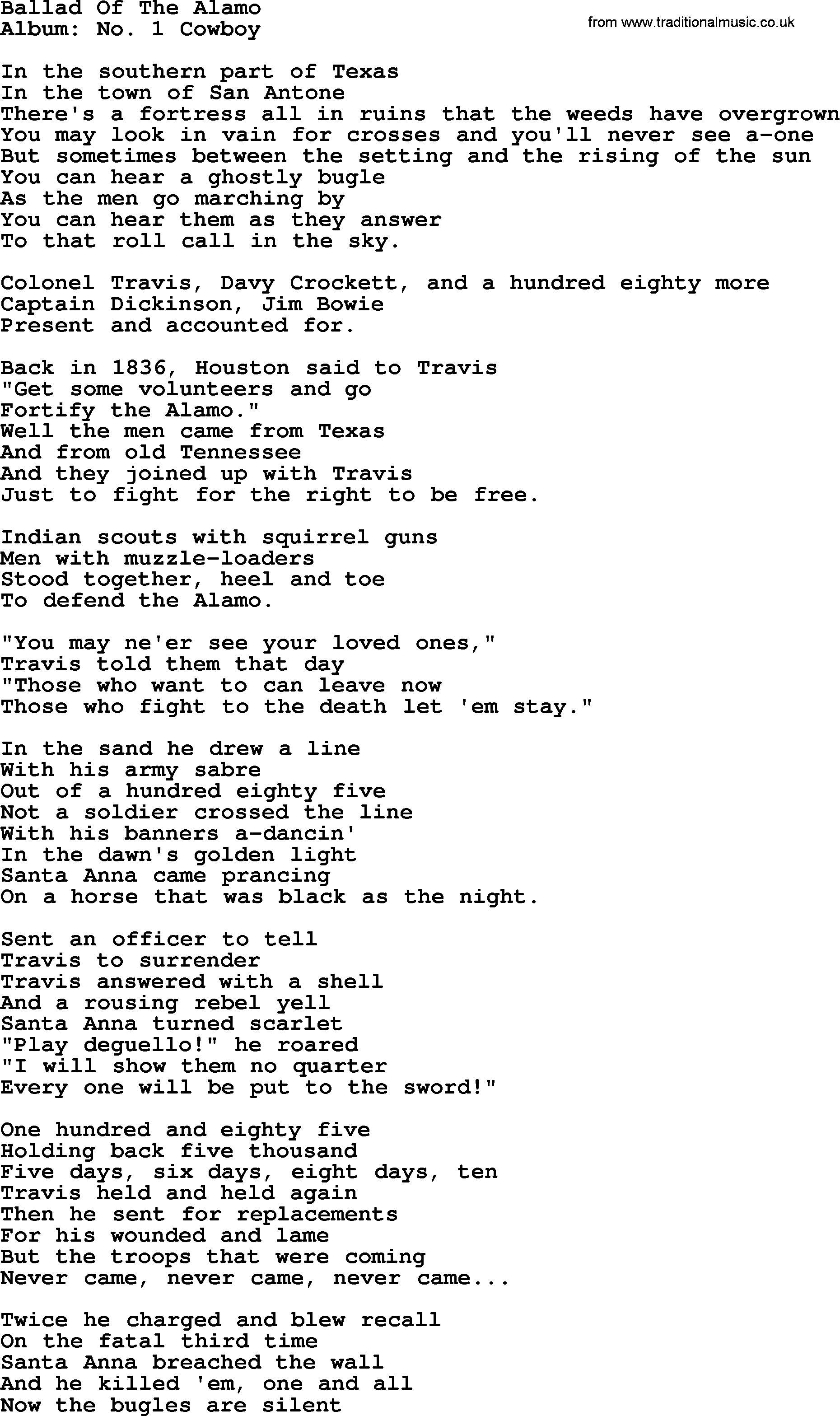 Marty Robbins song: Ballad Of The Alamo, lyrics