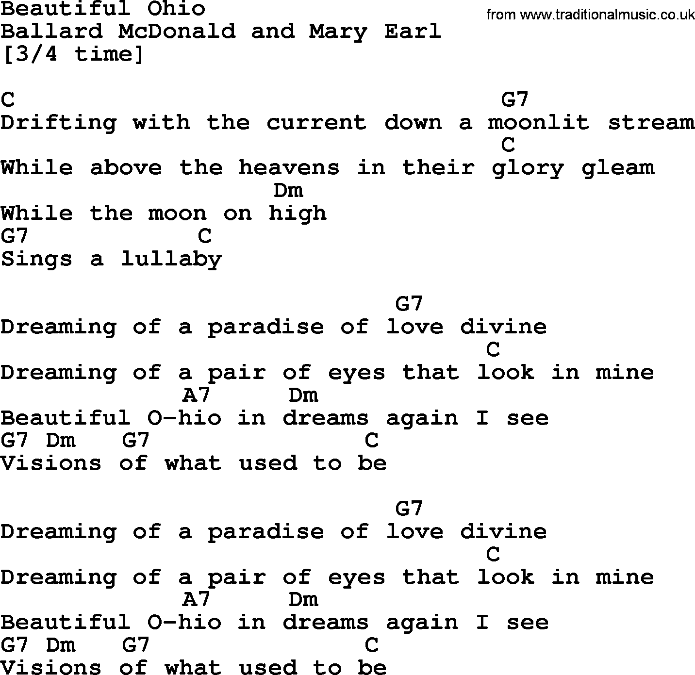 Marty Robbins song: Beautiful Ohio, lyrics and chords