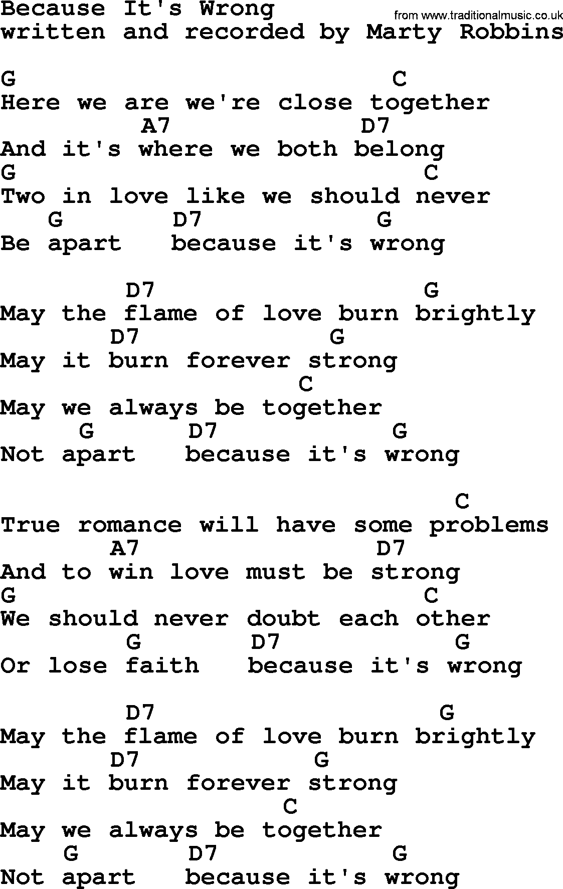 Marty Robbins song: Because It's Wrong, lyrics and chords