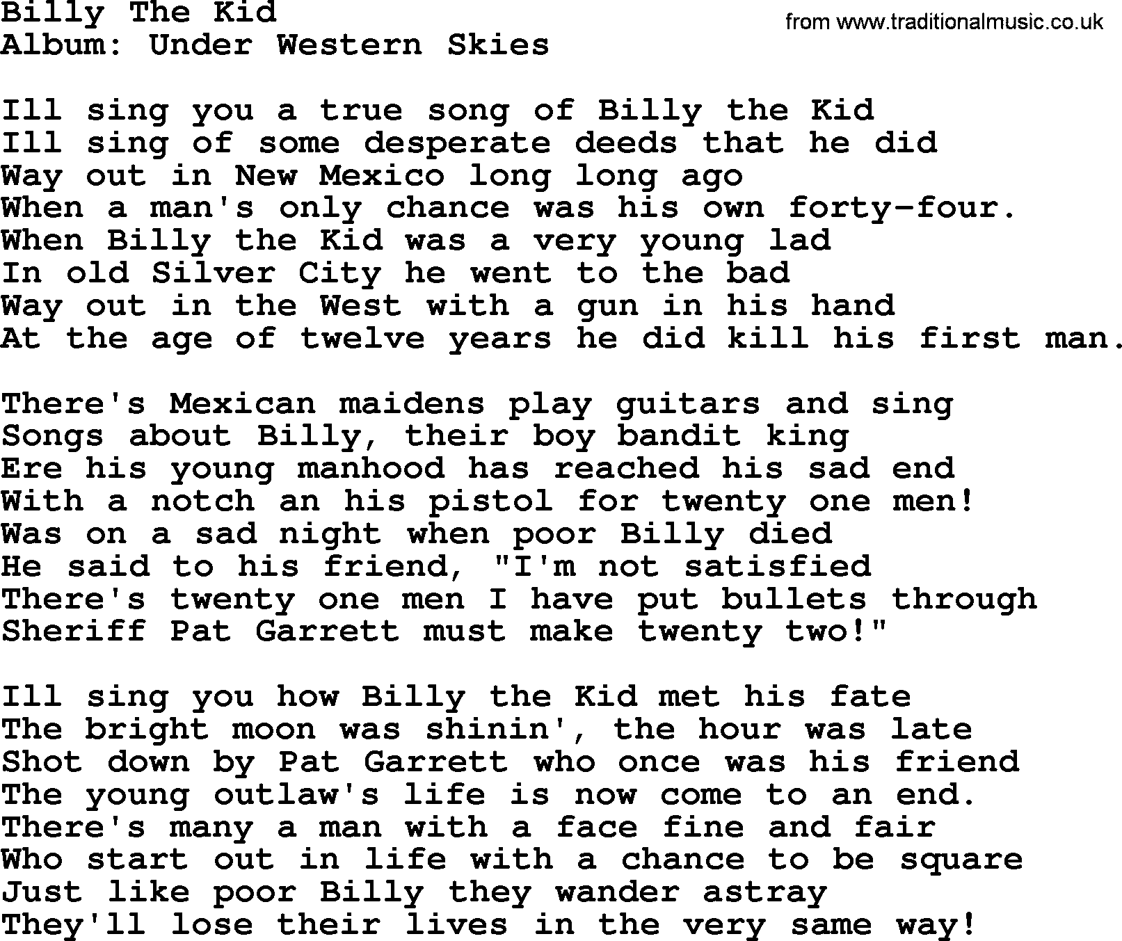Marty Robbins song: Billy The Kid, lyrics