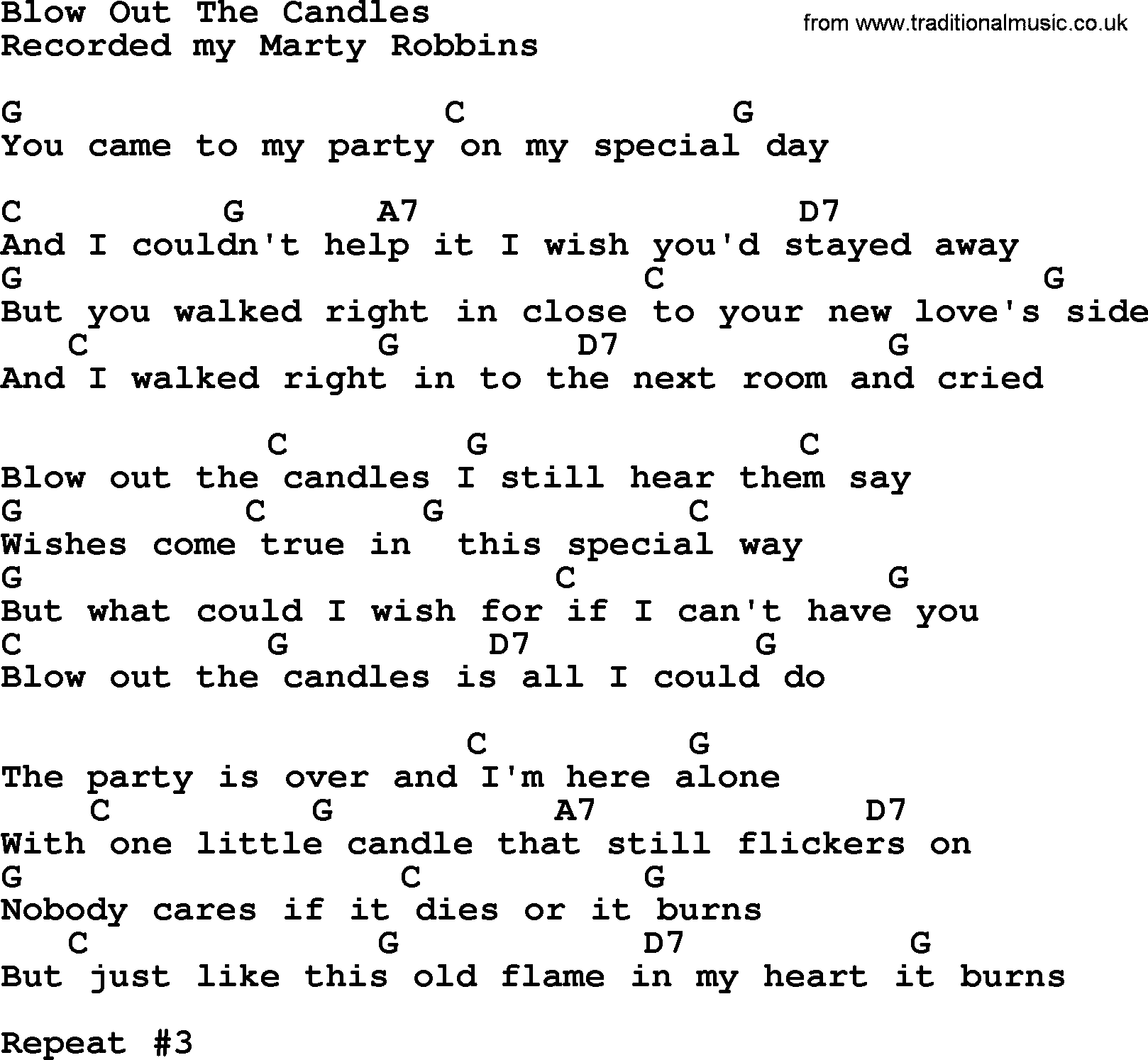 Marty Robbins song: Blow Out The Candles, lyrics and chords