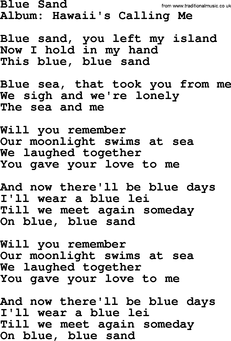 Marty Robbins song: Blue Sand, lyrics