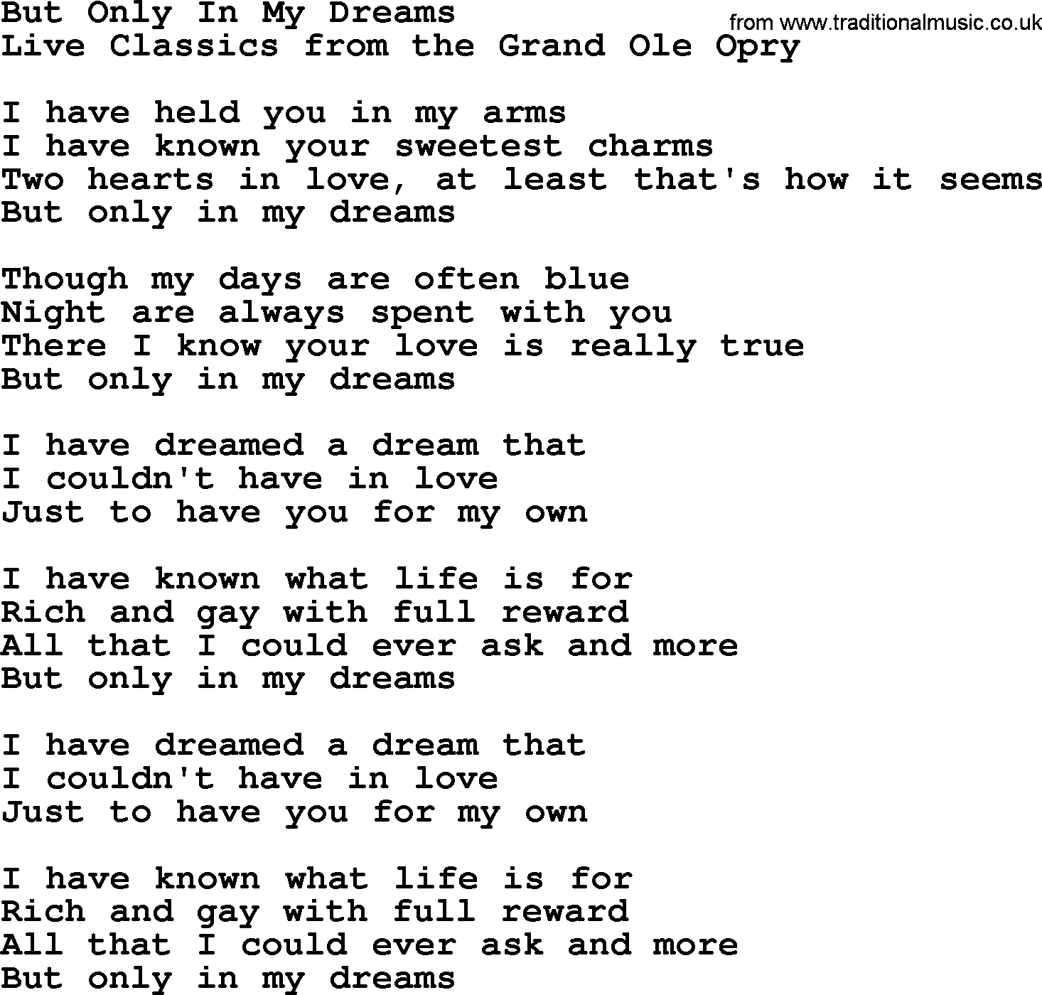 Marty Robbins song: But Only In My Dreams, lyrics