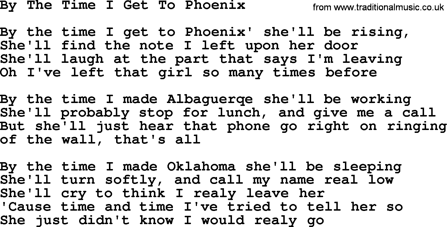Marty Robbins song: By The Time I Get To Phoenix, lyrics