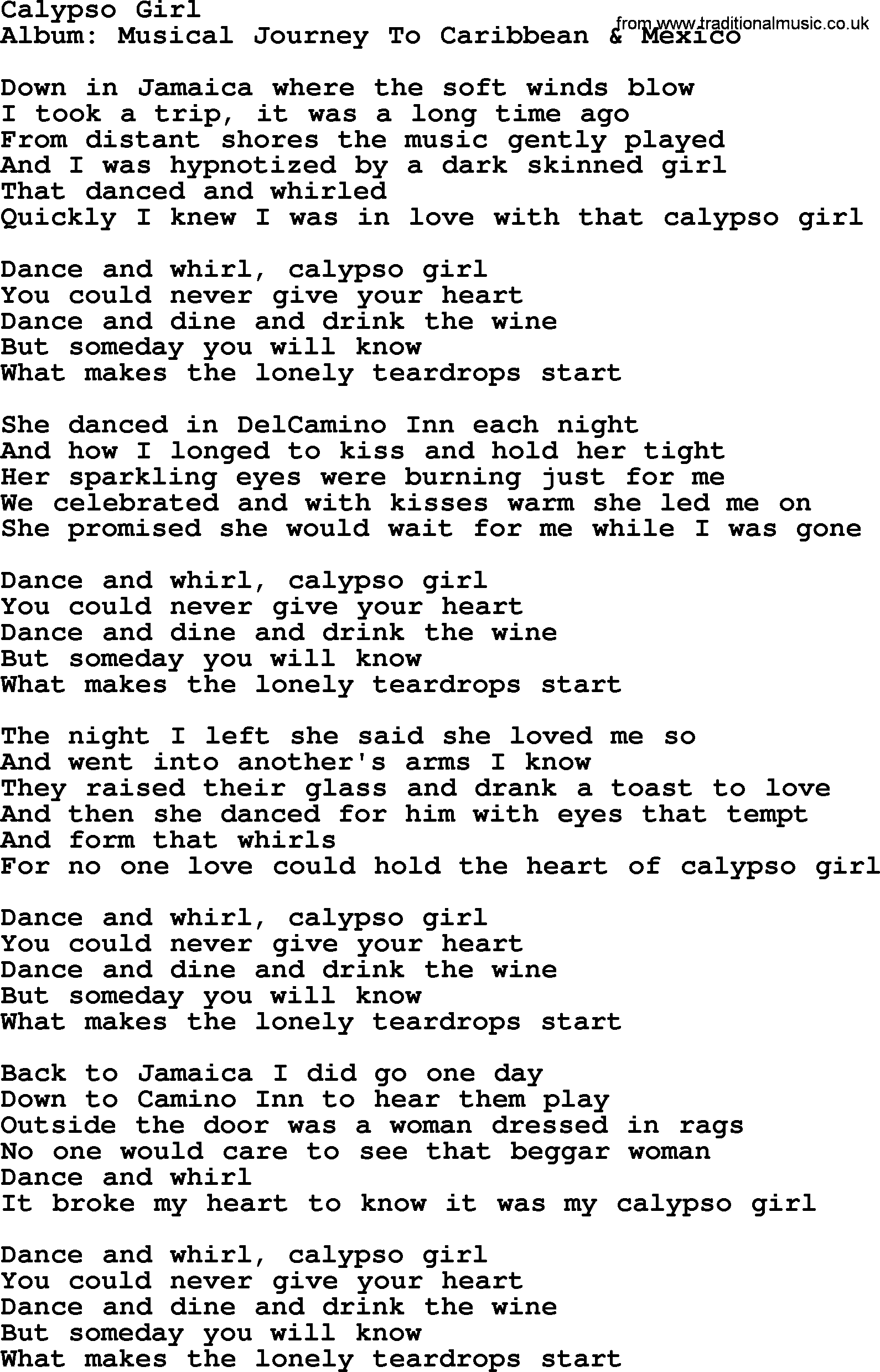 Marty Robbins song: Calypso Girl, lyrics