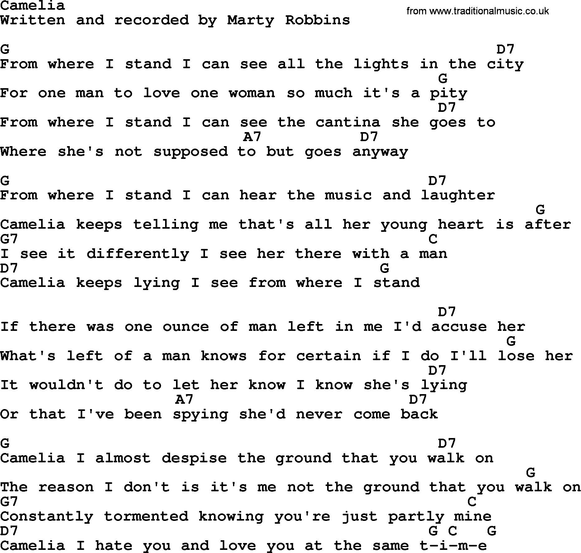Marty Robbins song: Camelia, lyrics and chords