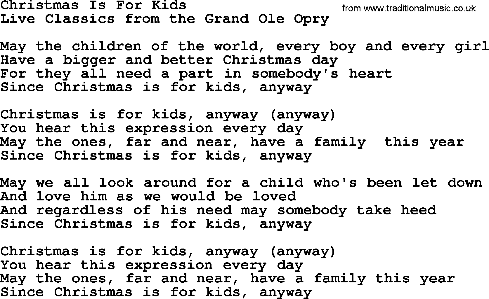 Marty Robbins song: Christmas Is For Kids, lyrics
