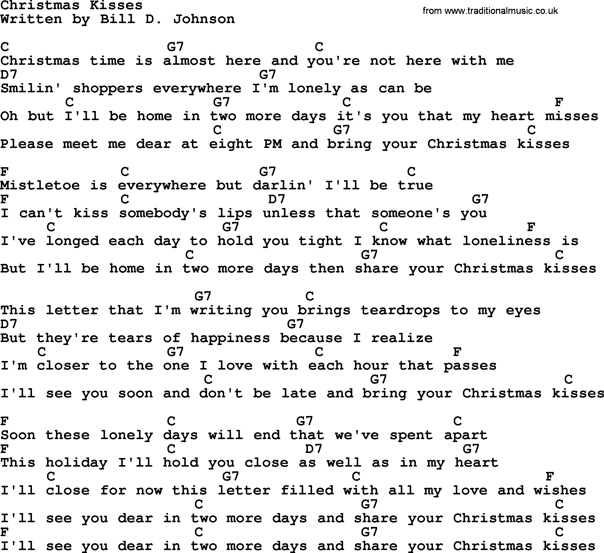 Marty Robbins song: Christmas Kisses, lyrics and chords