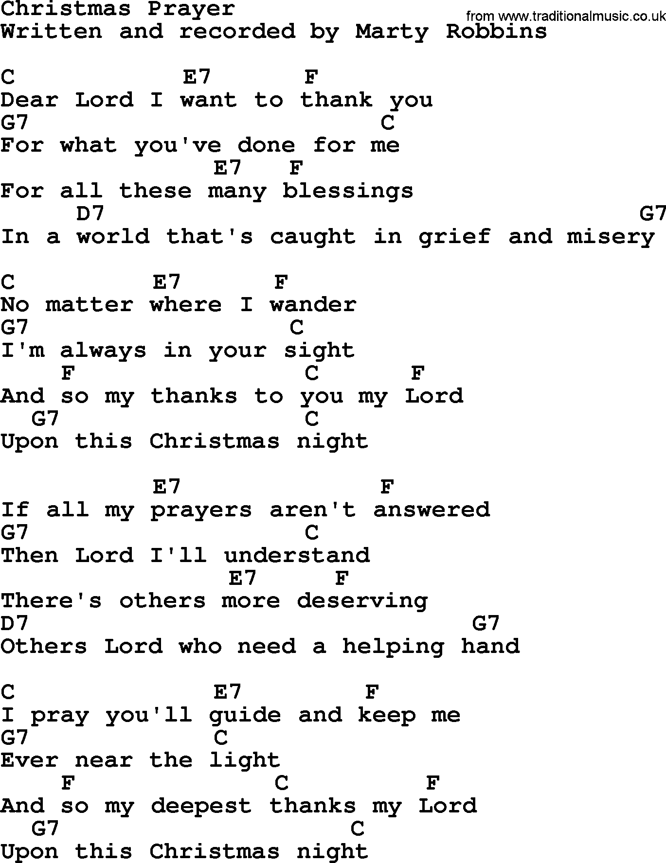 Marty Robbins song: Christmas Prayer, lyrics and chords