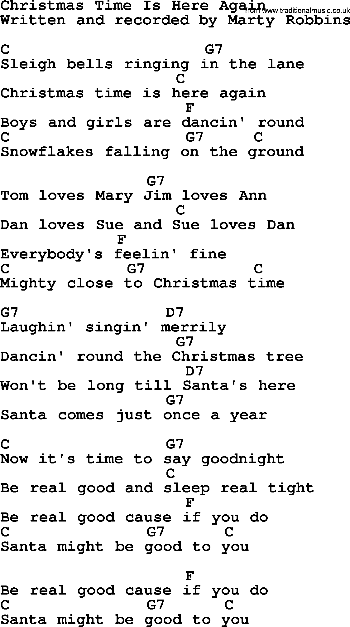 Marty Robbins song: Christmas Time Is Here Again, lyrics and chords
