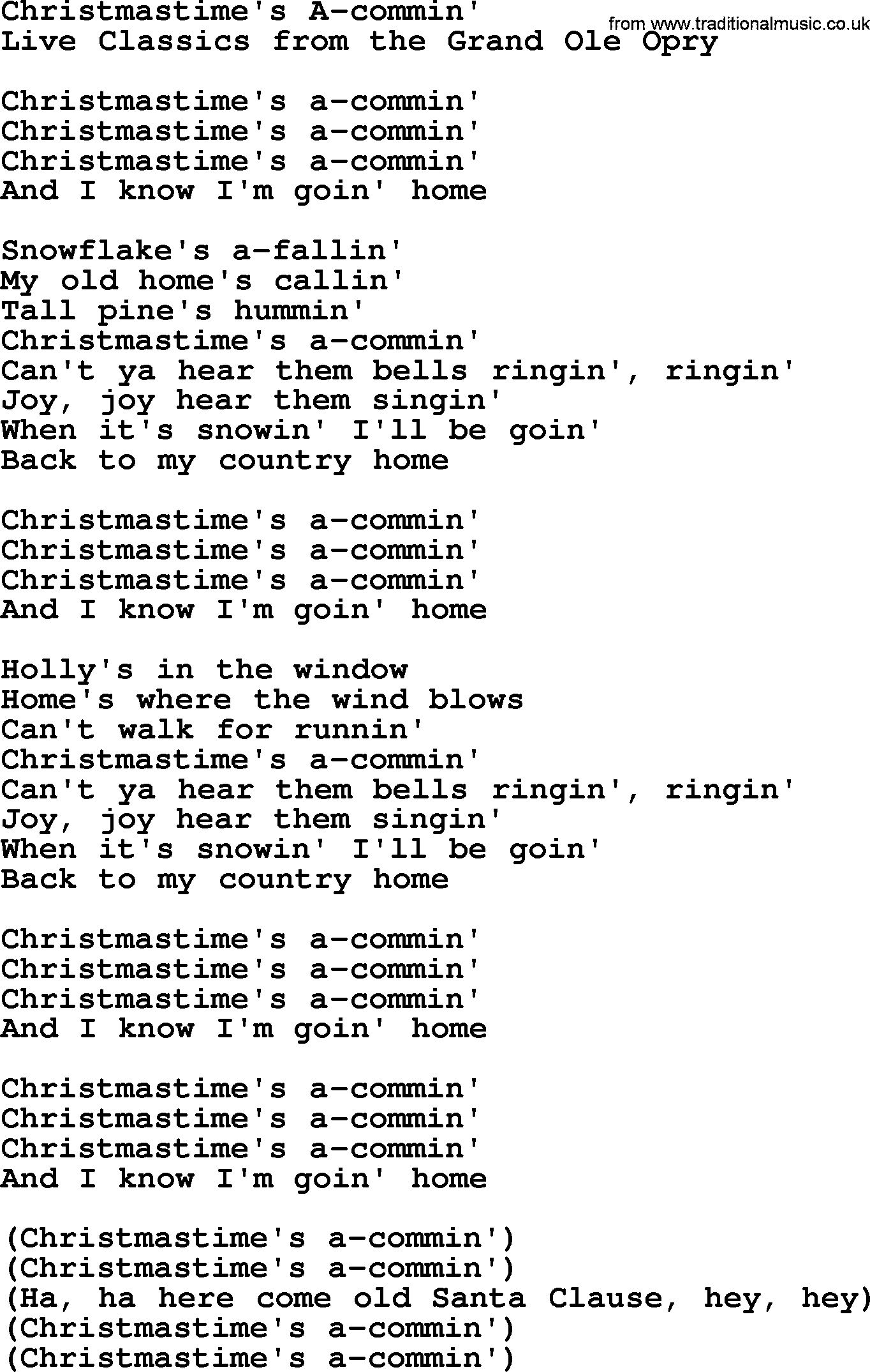 Marty Robbins song: Christmastimes Acommin, lyrics