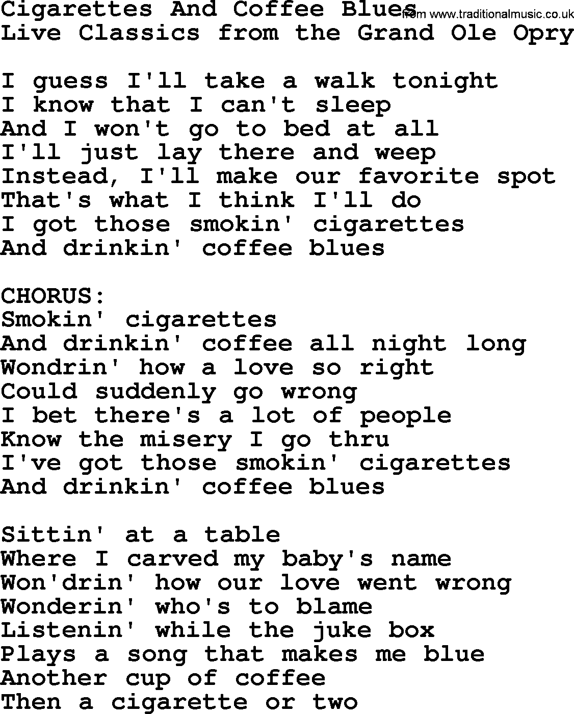 Cigarettes And Coffee Blues, by Marty Robbins - lyrics
