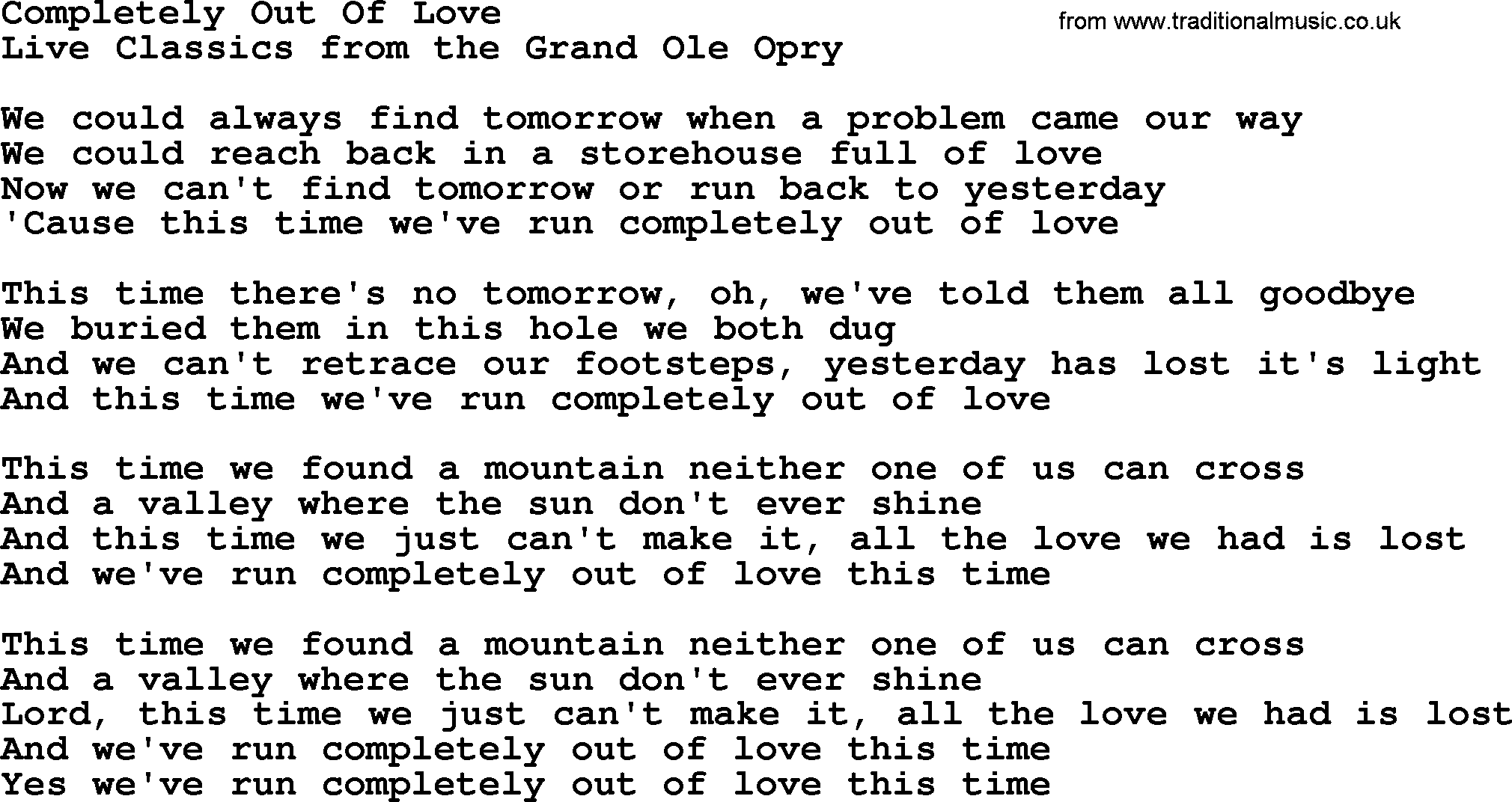 Marty Robbins song: Completely Out Of Love, lyrics