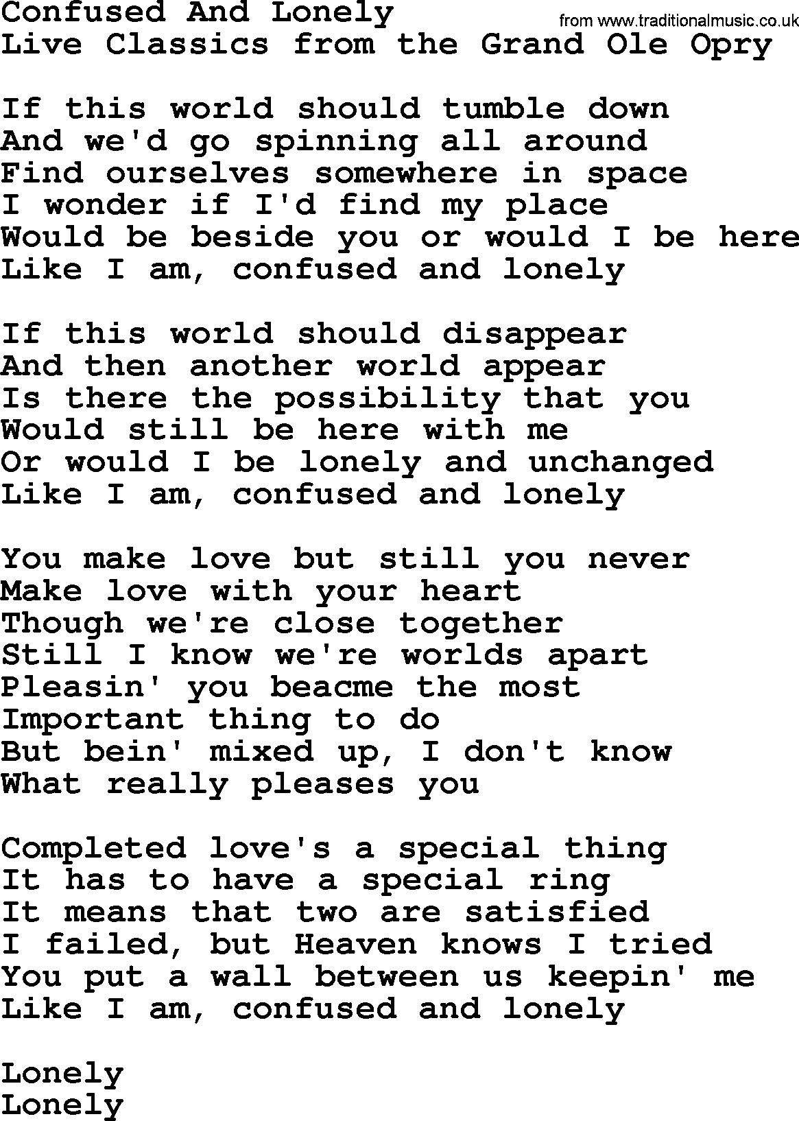 Marty Robbins song: Confused And Lonely, lyrics