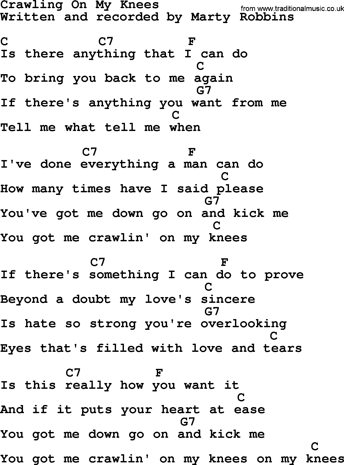Marty Robbins song: Crawling On My Knees, lyrics and chords