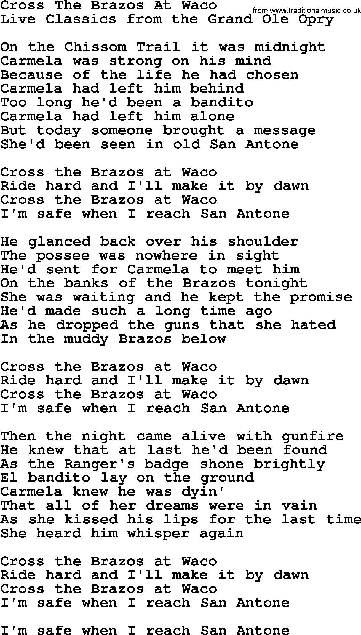 Marty Robbins song: Cross The Brazos At Waco, lyrics