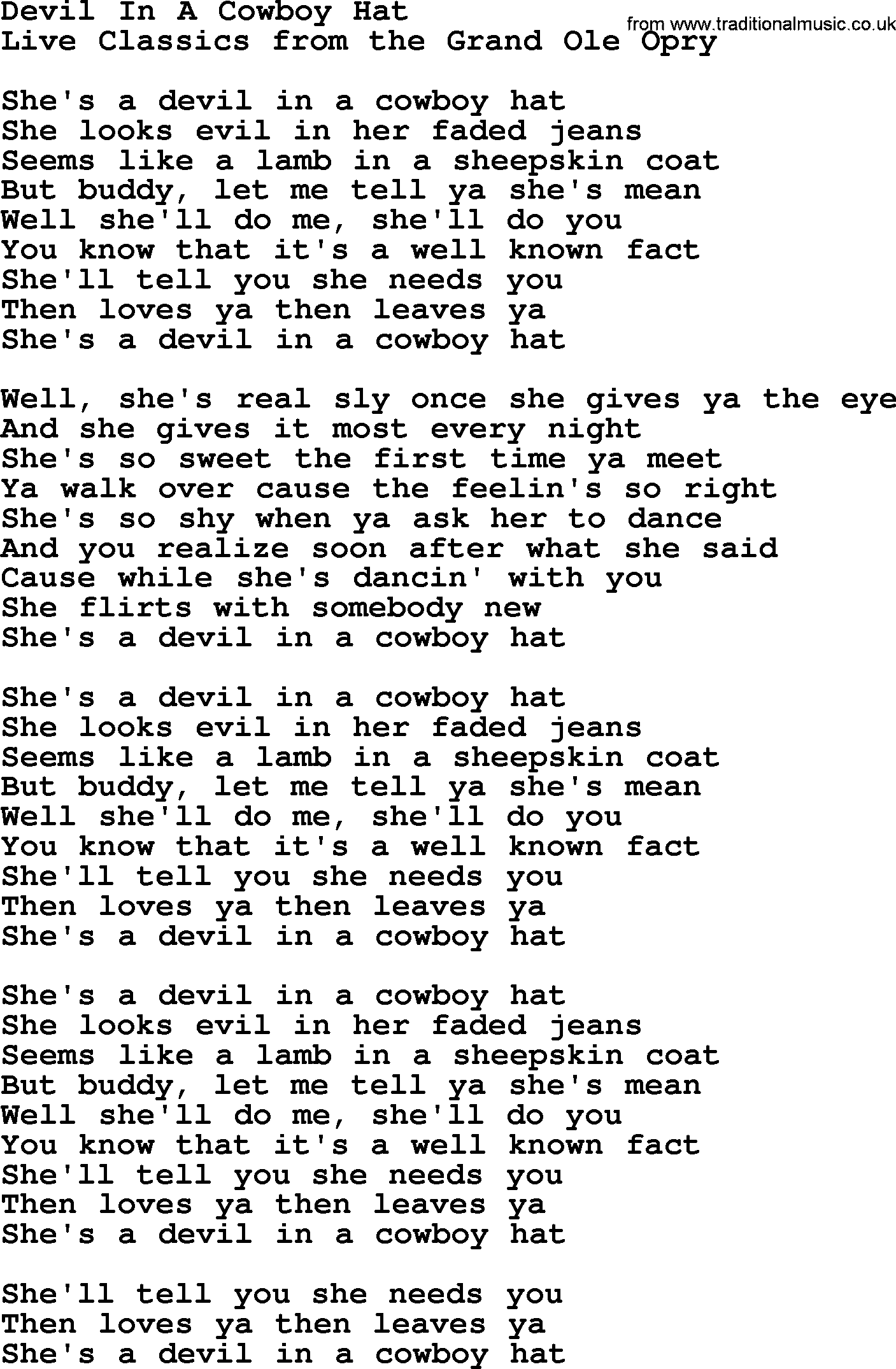Marty Robbins song: Devil In A Cowboy Hat, lyrics