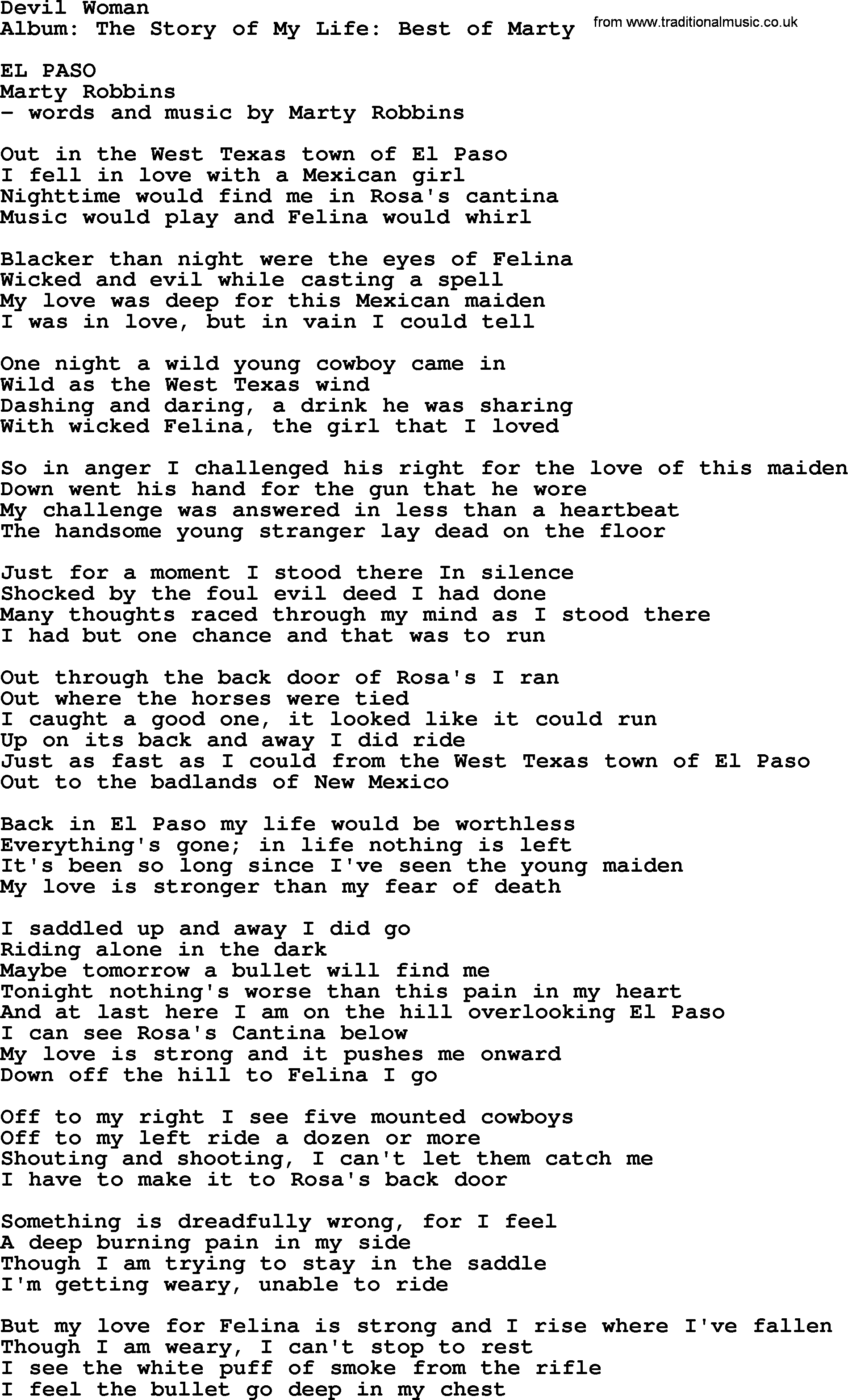 Marty Robbins song: Devil Woman, lyrics