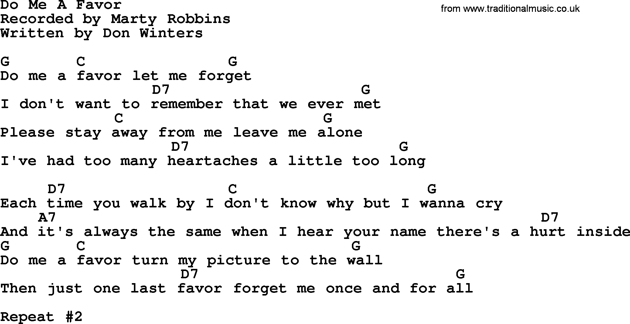 Marty Robbins song: Do Me A Favor, lyrics and chords