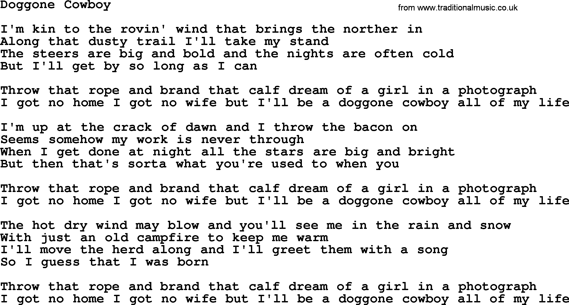 Marty Robbins song: Doggone Cowboy, lyrics