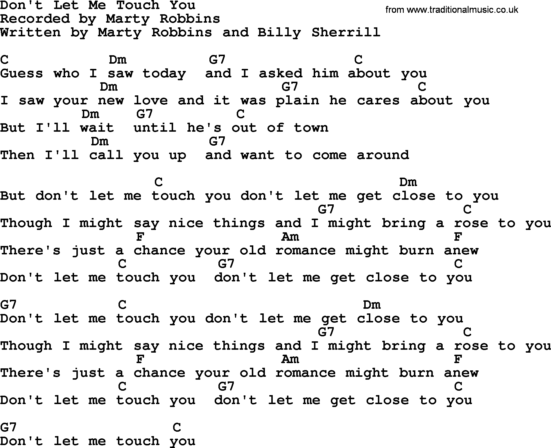 Marty Robbins song: Don't Let Me Touch You, lyrics and chords
