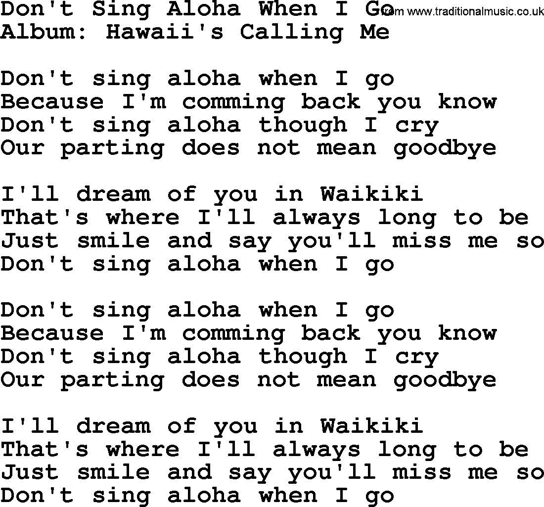 Marty Robbins song: Don't Sing Aloha When I Go, lyrics