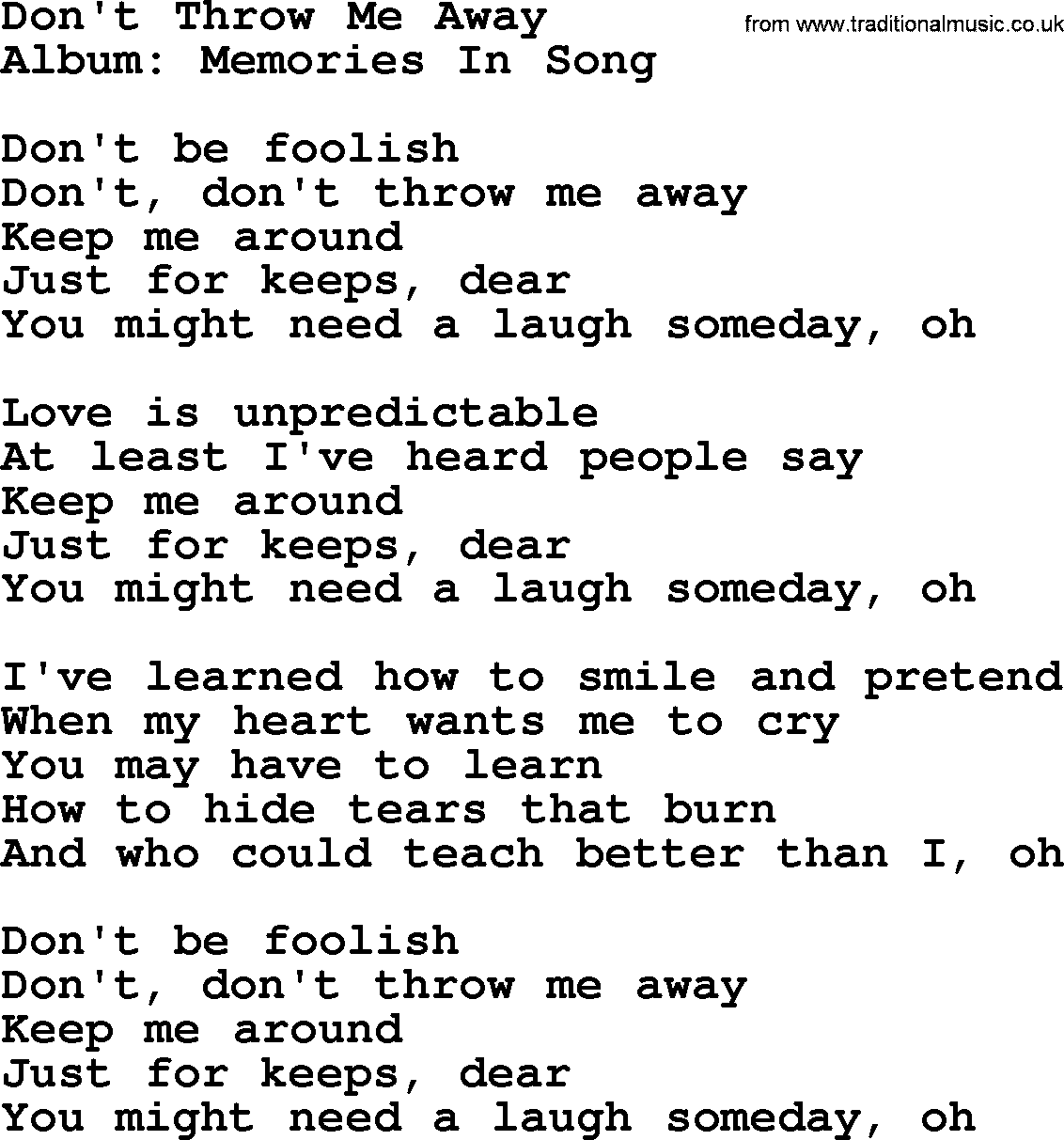 Marty Robbins song: Don't Throw Me Away, lyrics