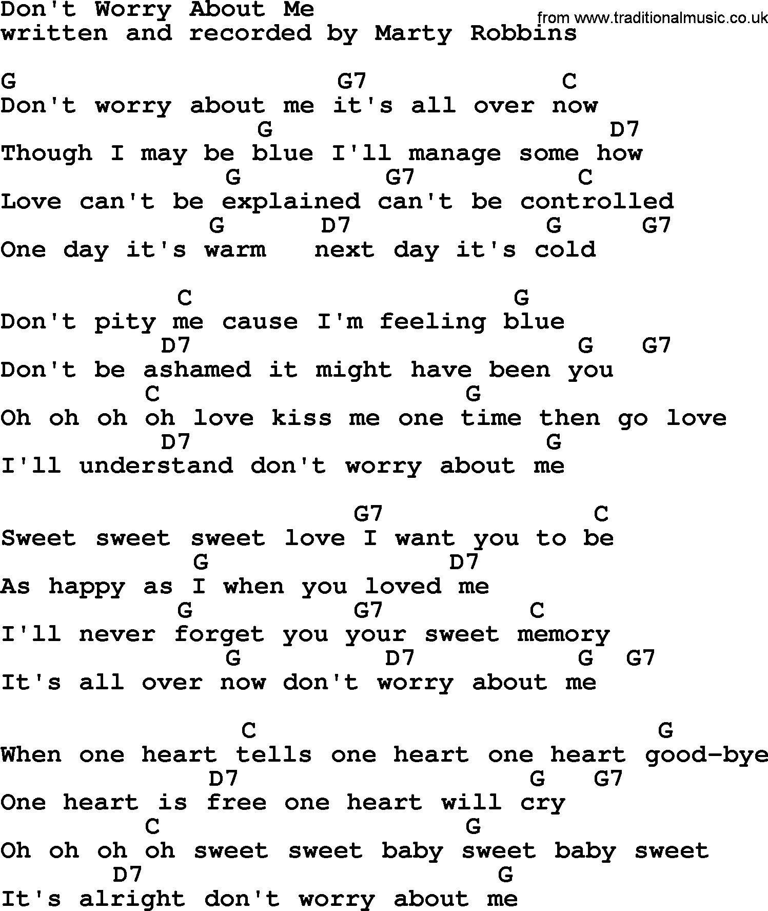 Marty Robbins song: Don't Worry About Me, lyrics and chords